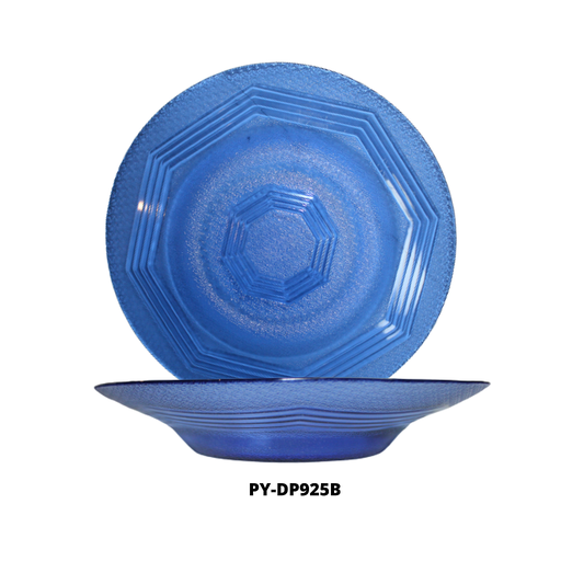 [PY-DP925B] PLATO HONDO DE VIDRIO COLOR AZUL 8.75" (LINEAS)